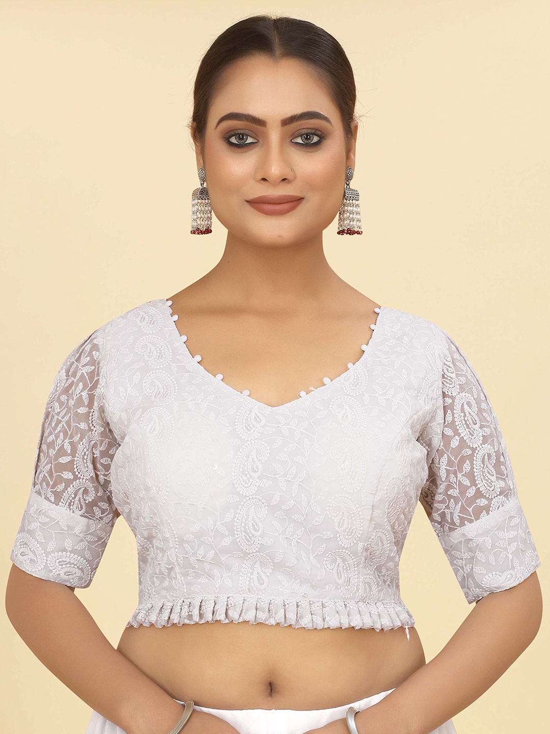 

SHOPGARB Chikankari Embroidered V-Neck Saree Blouse, White