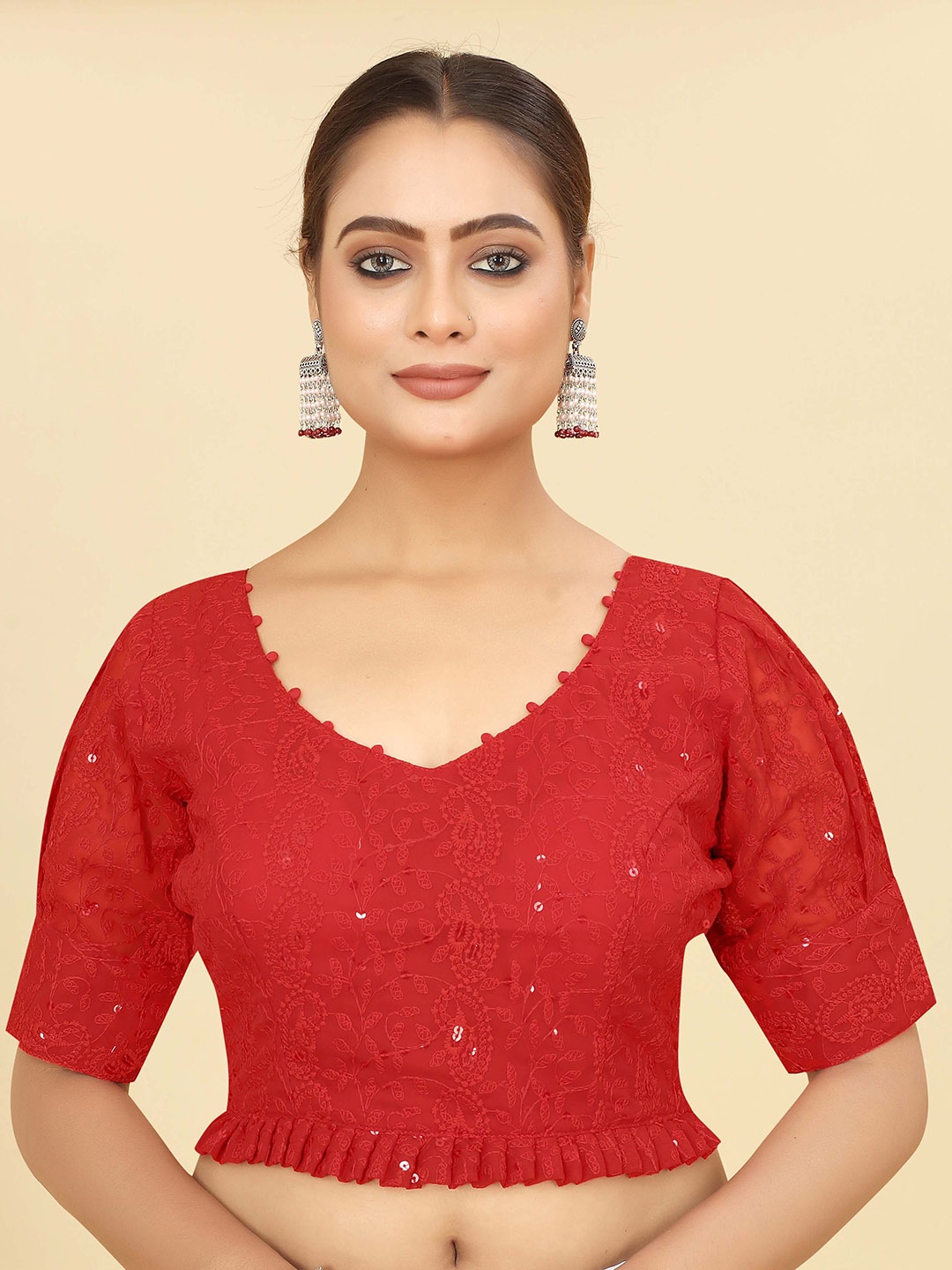 

SHOPGARB Chikankari Georgette Embroidery Saree Blouse, Red