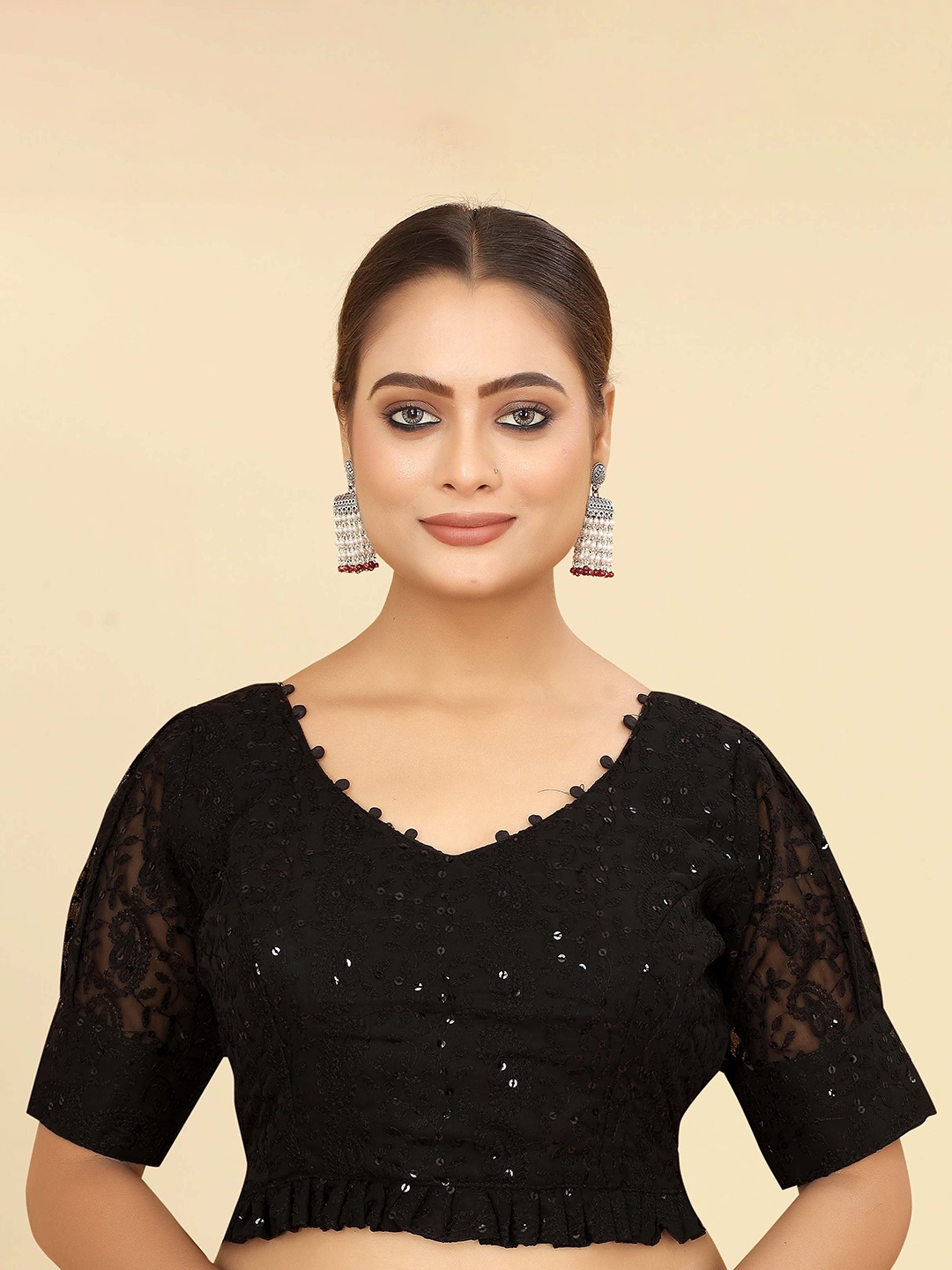 

SHOPGARB Embroidered V-Neck Saree Blouse, Black