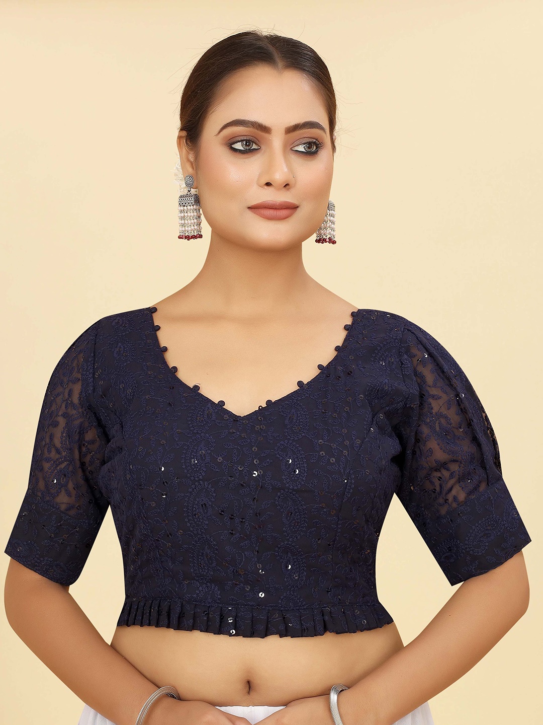 

SHOPGARB Chikankari Embroidered Saree Blouse, Navy blue