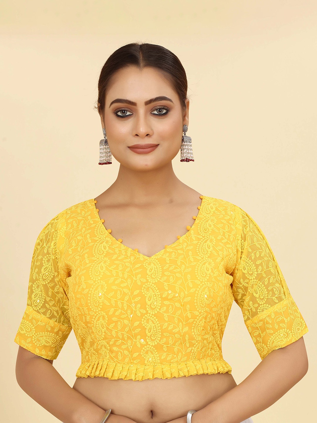 

SHOPGARB Chikankari Embroidered Saree Blouse, Yellow