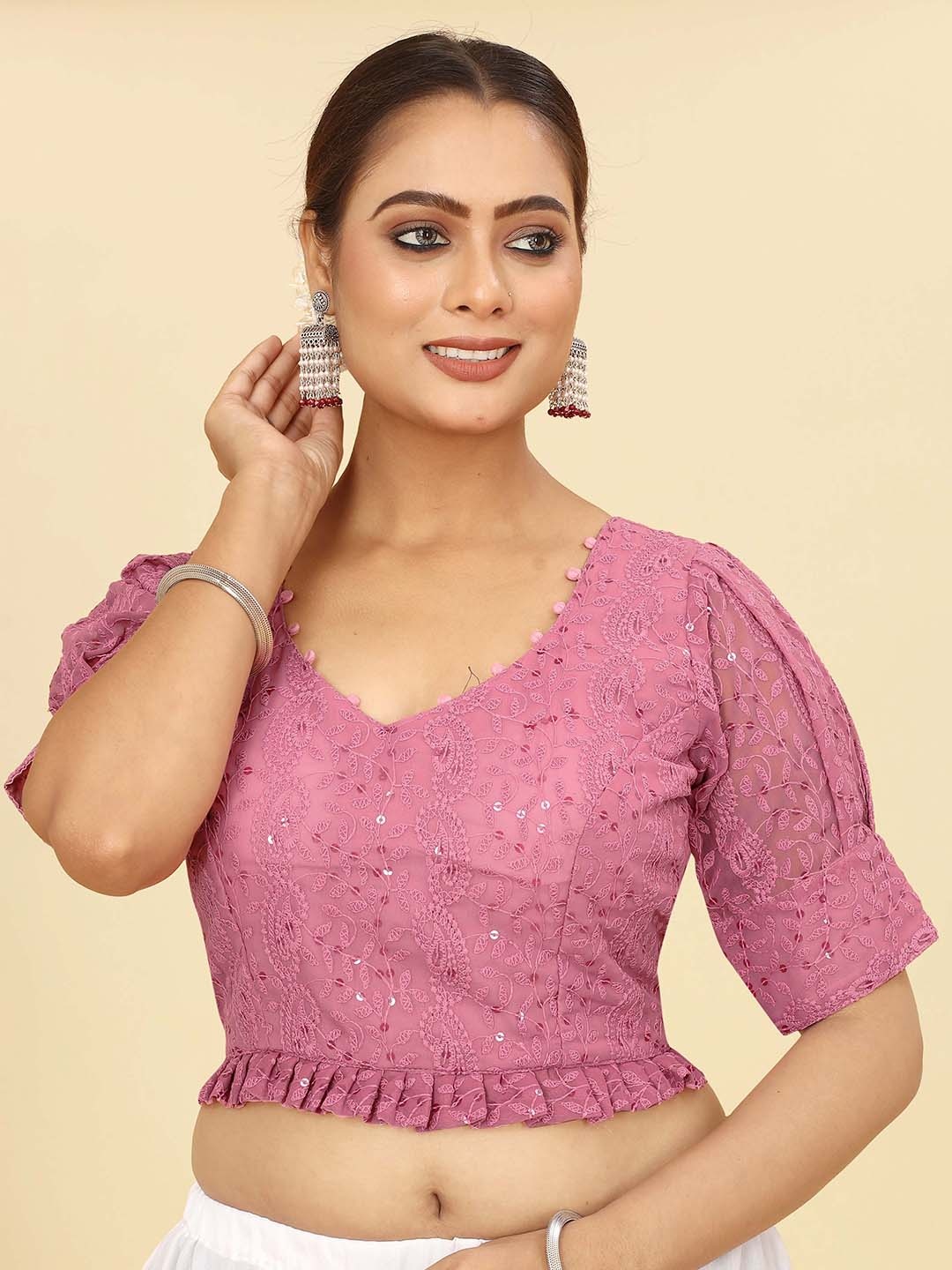 

SHOPGARB Sequence & Chikankari Embroidered Georgette Saree Blouse, Pink