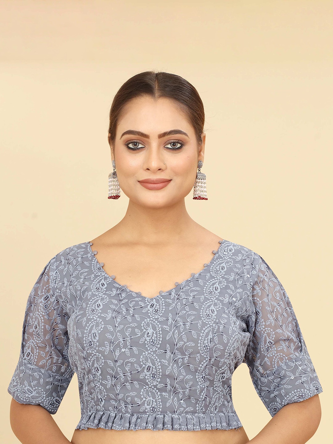 

SHOPGARB Chikankari Embroidered V-Neck Saree Blouse, Grey