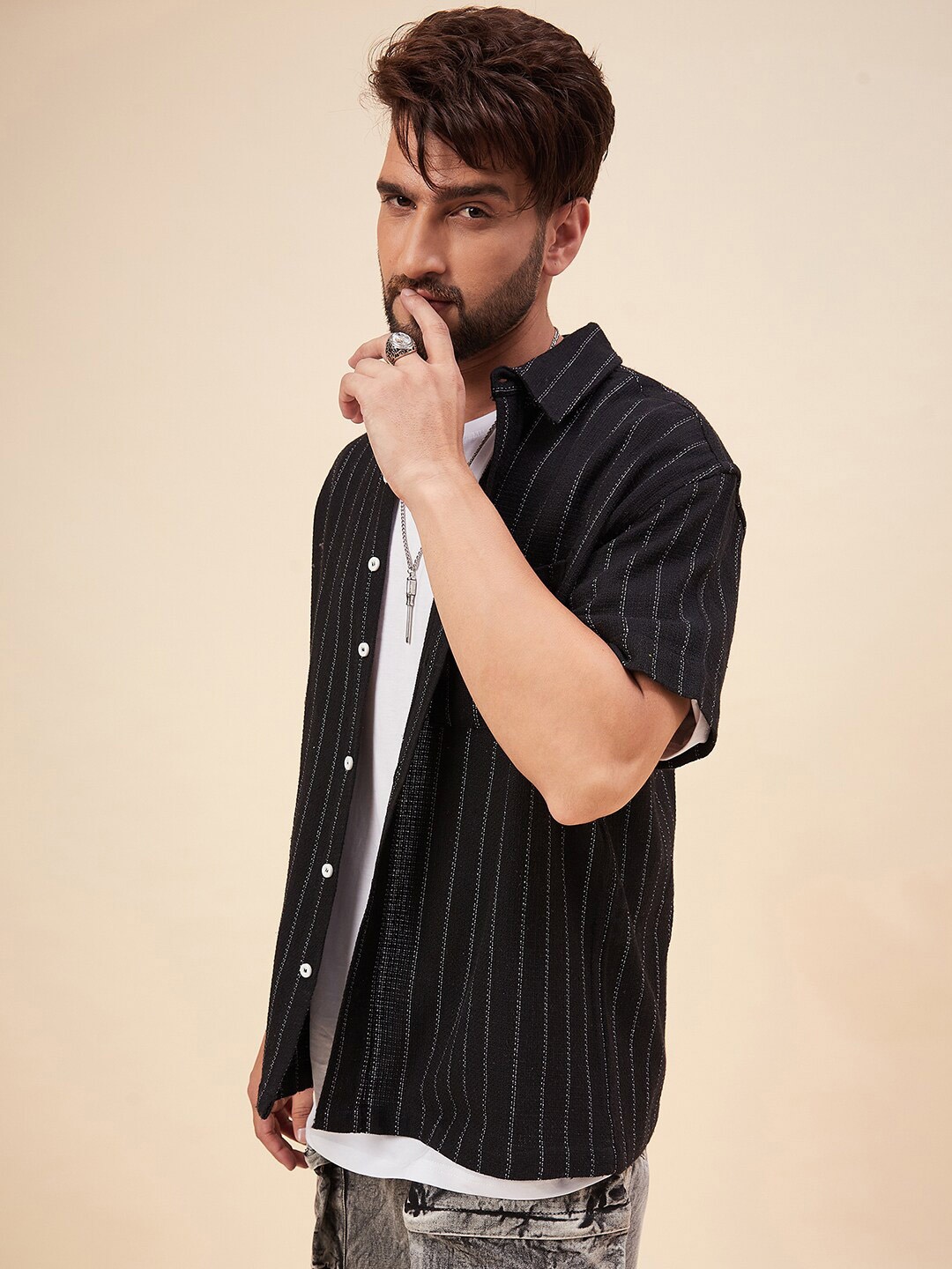 

CHIMPAAANZEE Striped Spread Collar Casual Shirt, Black