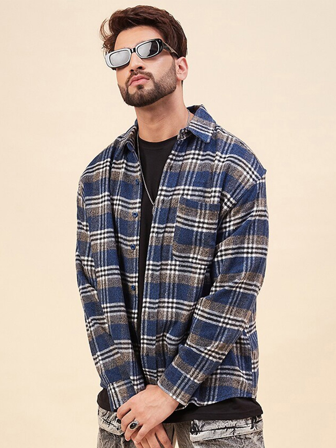 

CHIMPAAANZEE Oversized Checked Spread Collar Casual Shirt, Blue