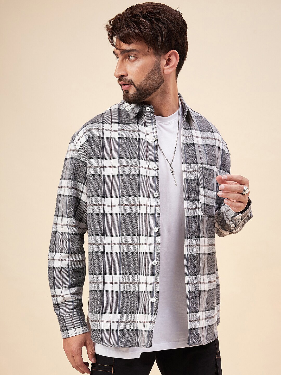 

CHIMPAAANZEE Tartan Checks Spread Collar Casual Shirt, Grey