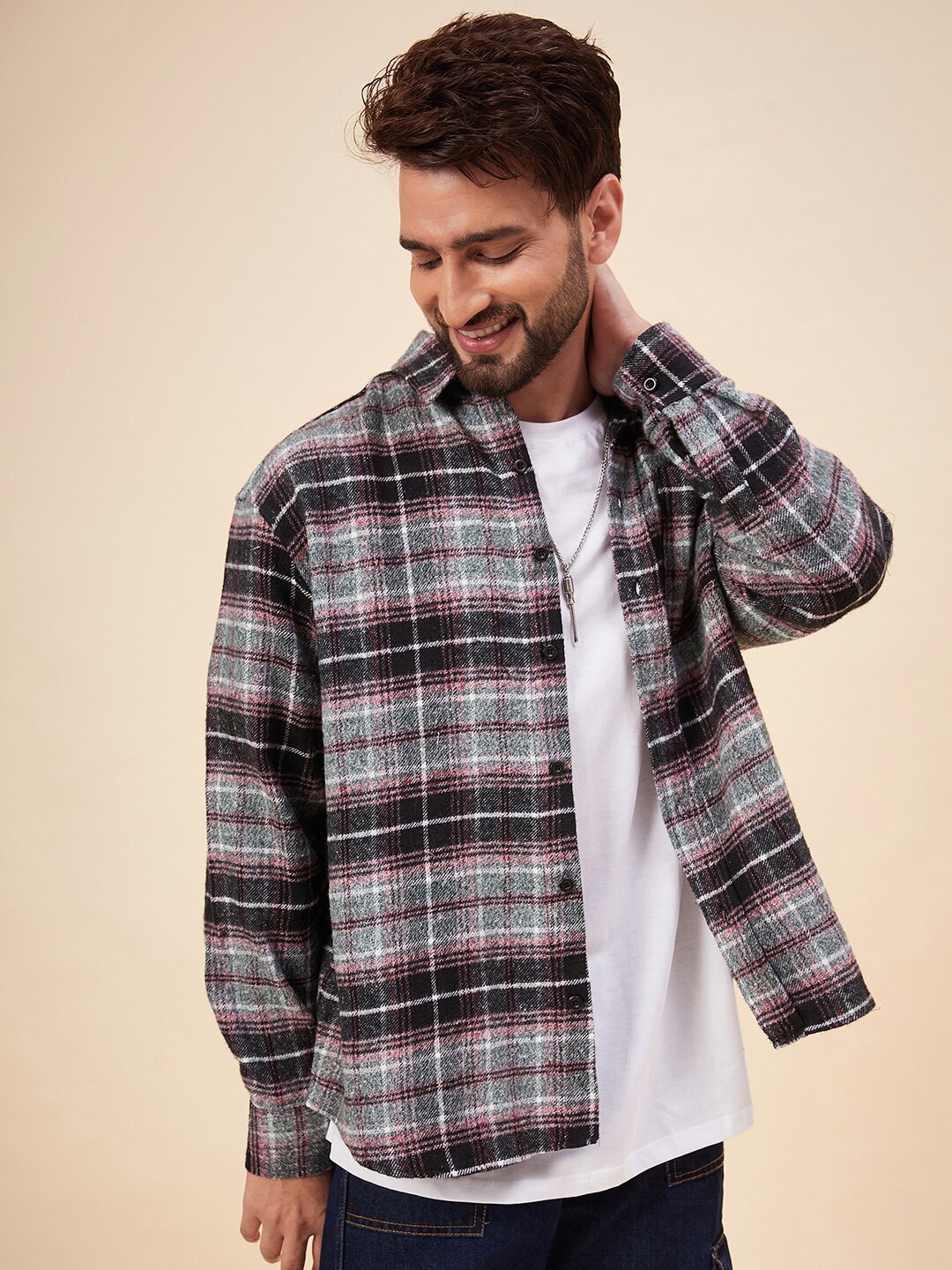 

CHIMPAAANZEE Tartan Checks Spread Collar Casual Shirt, Green