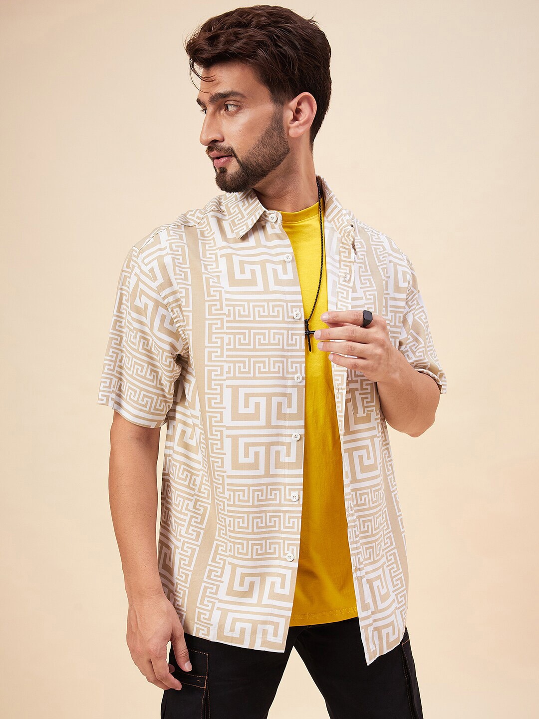 

CHIMPAAANZEE Ethnic Motif Printed Spread Collar Casual Shirt, Beige