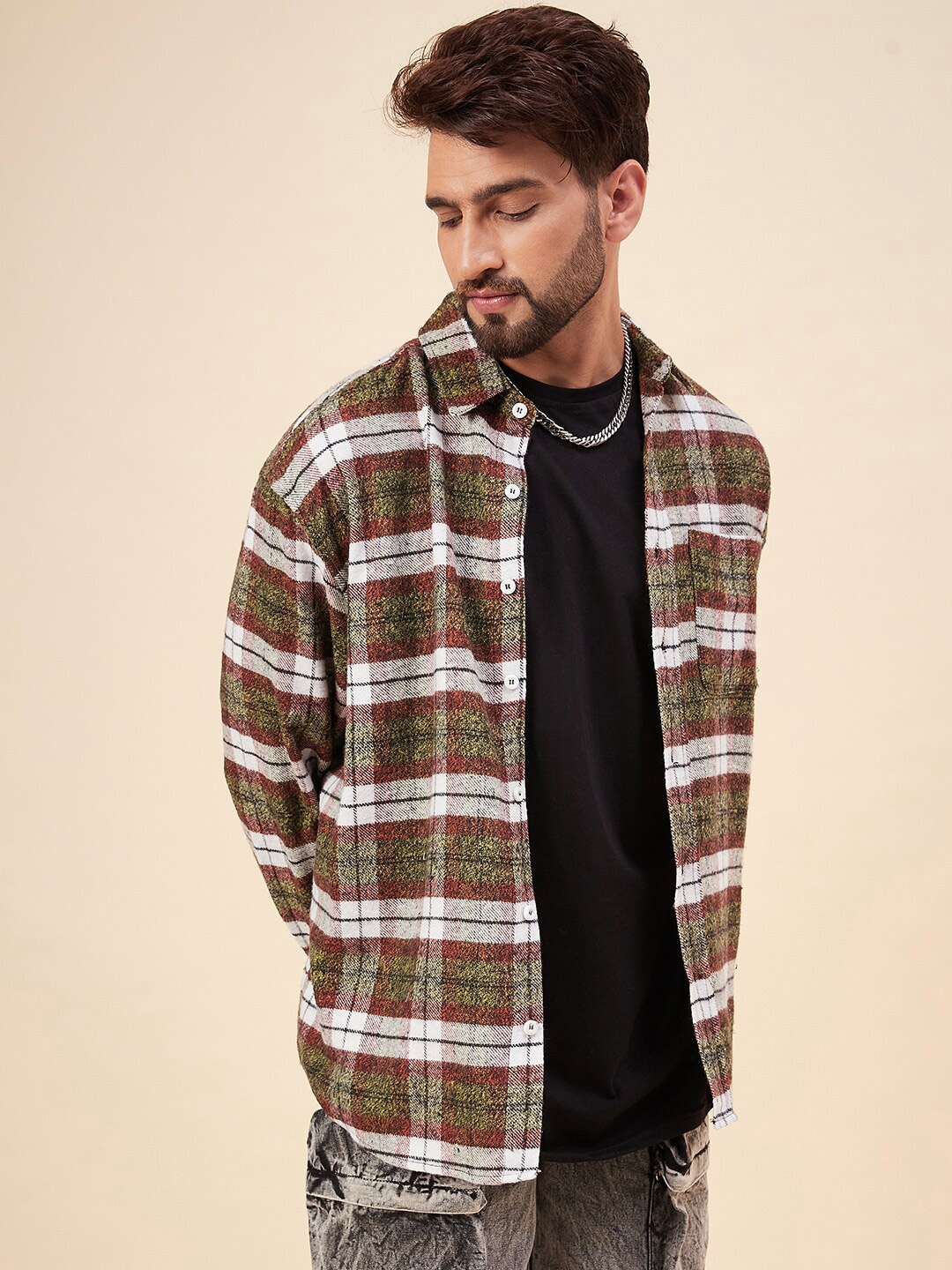 

CHIMPAAANZEE Tartan Checked Oversized Opaque Casual Shirt, Orange