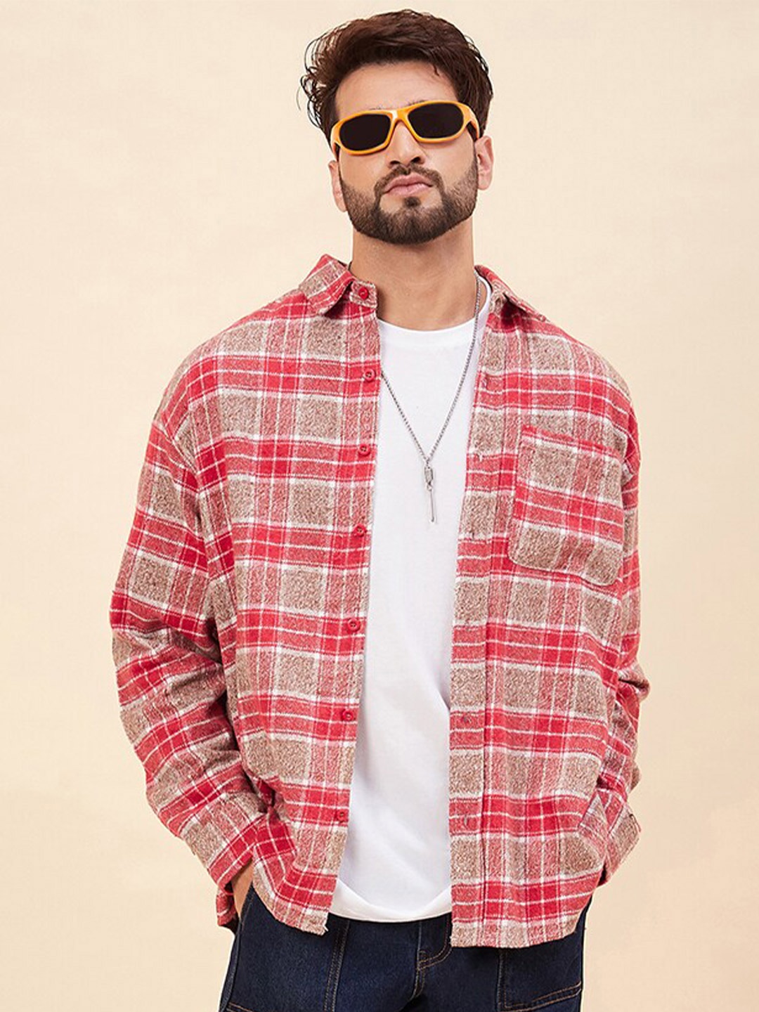 

CHIMPAAANZEE Tartan Checks Spread Collar Casual Shirt, Red