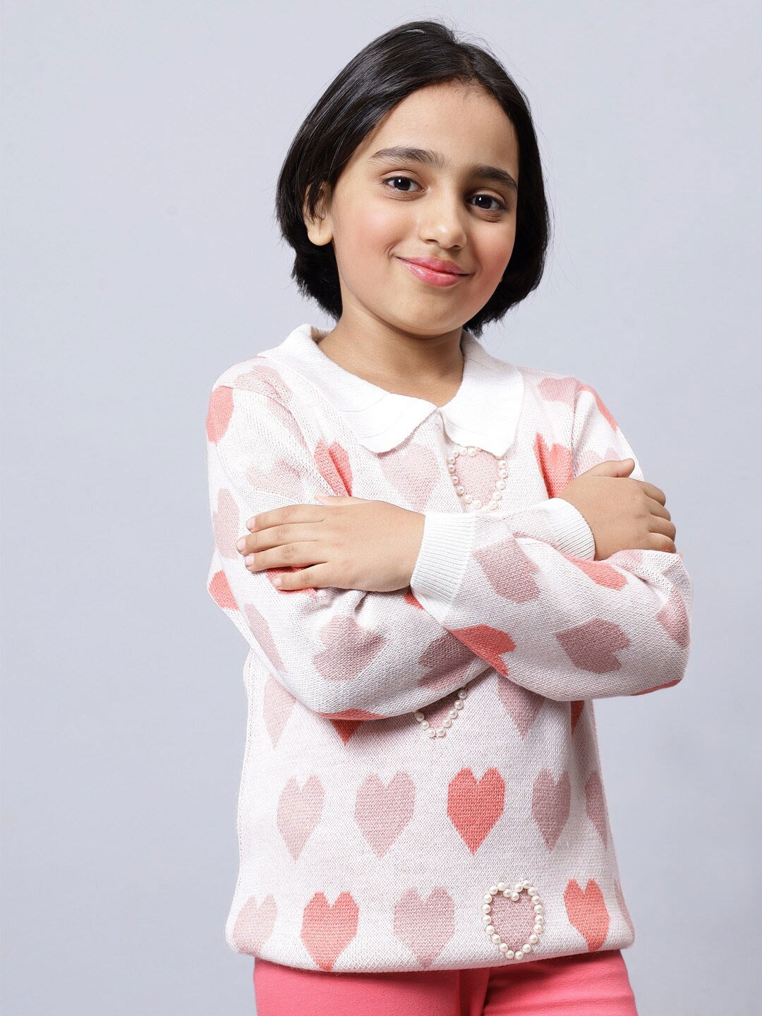 

Bharatasya Girls Graphic Printed Lapel Collar Embellished Pullover Sweater, White