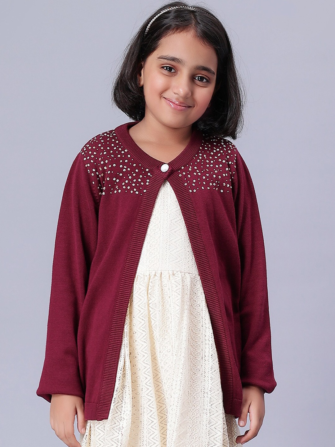 

Bharatasya Girls Round Neck Long Sleeves Embellished Cotton Front-Open Sweater, Maroon