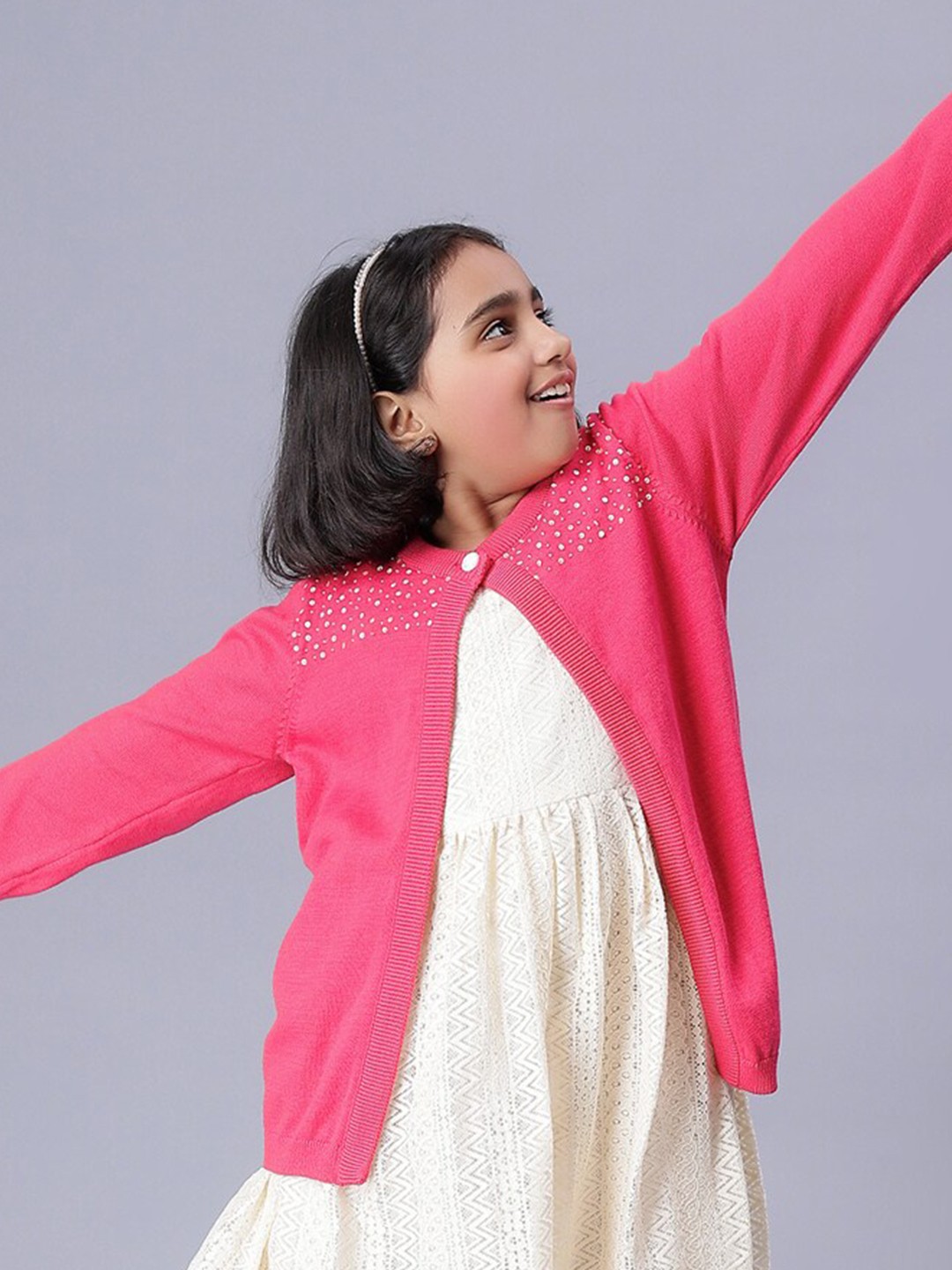

Bharatasya Girls Round Neck Long Sleeves Embellished Cotton Front-Open Sweater, Pink