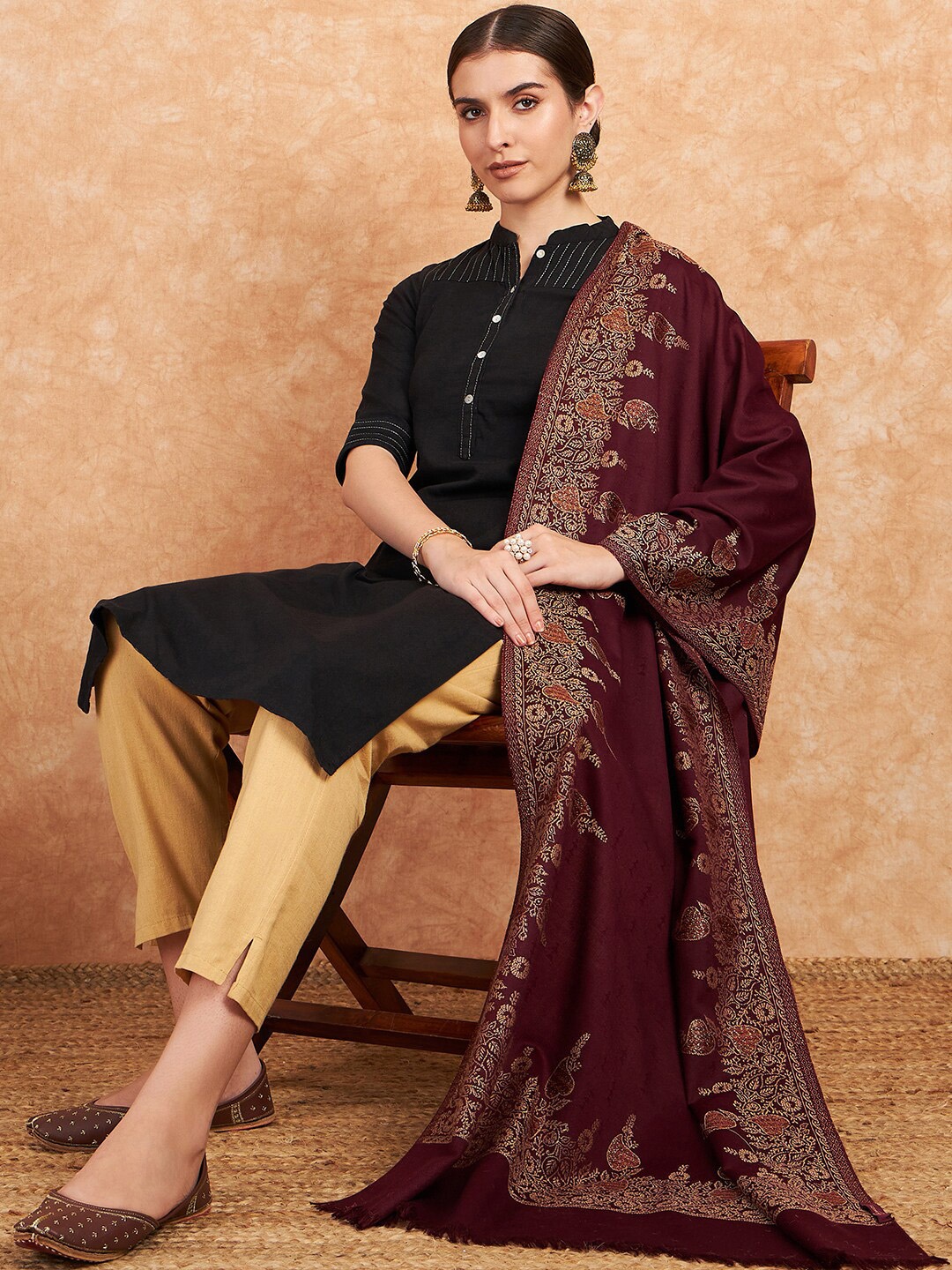 

Sangria Ethnic Motifs Woven Design Winter Pashmina Shawl, Burgundy