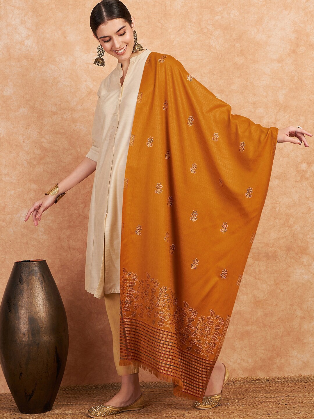 

Sangria Floral Woven Design Winter Pashmina Woollen Stoles, Mustard