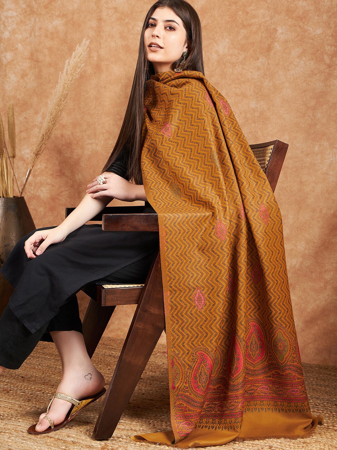 

Sangria Floral Woven Design Winter Pashmina Woollen Stoles, Mustard