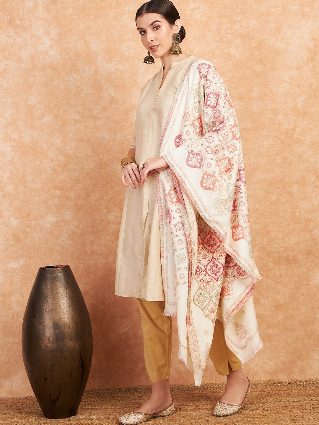 

Sangria Ethnic Motifs Woven Design Woollen Stoles, Off white