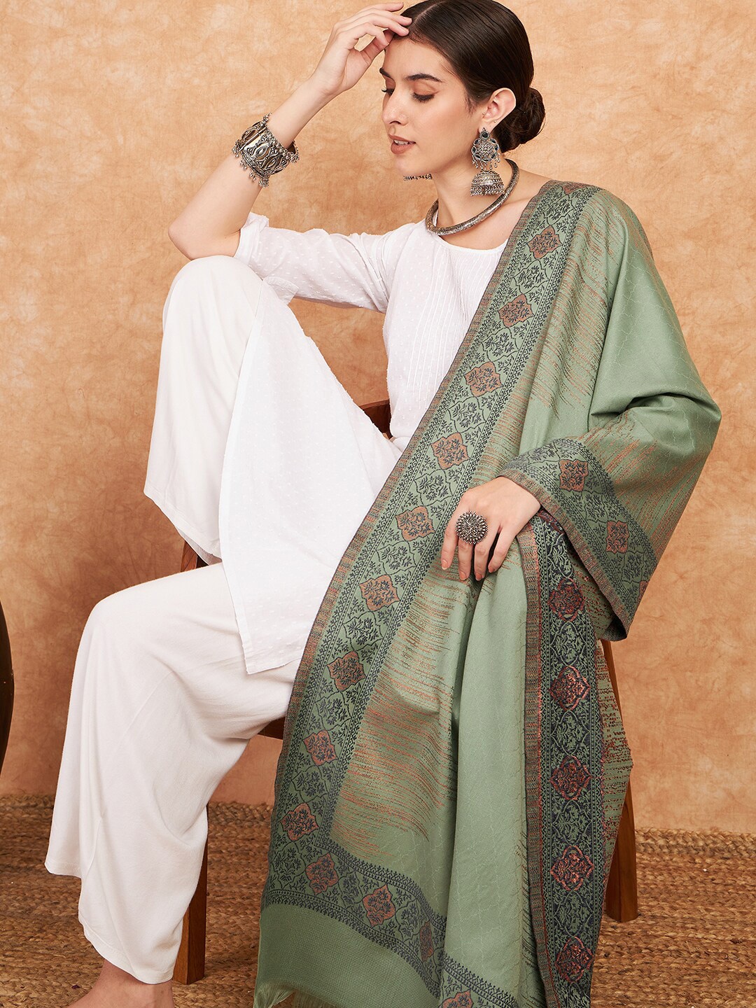 

Sangria Ethnic Motifs Woven Design Shawl, Green