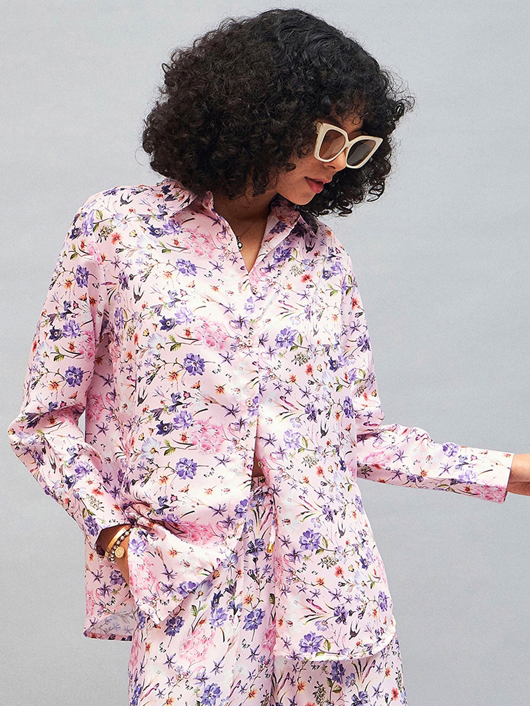 

SASSAFRAS Floral Printed Oversized Satin Casual Shirt, Pink