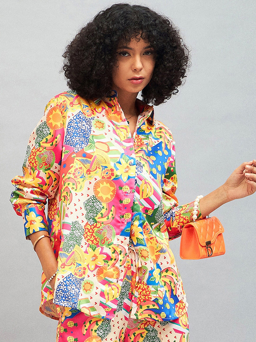 

SASSAFRAS Yellow Floral Printed Spread Collar Opaque Casual Oversized Satin Shirt