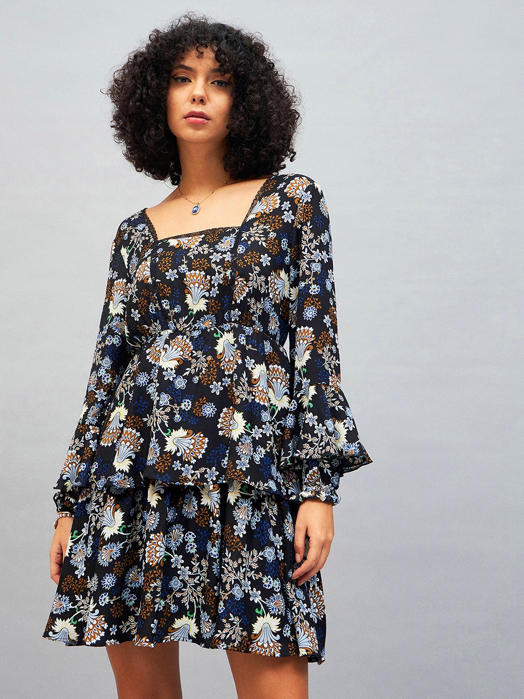

SASSAFRAS Navy Blue Floral Printed Bell Sleeve A-Line Dress