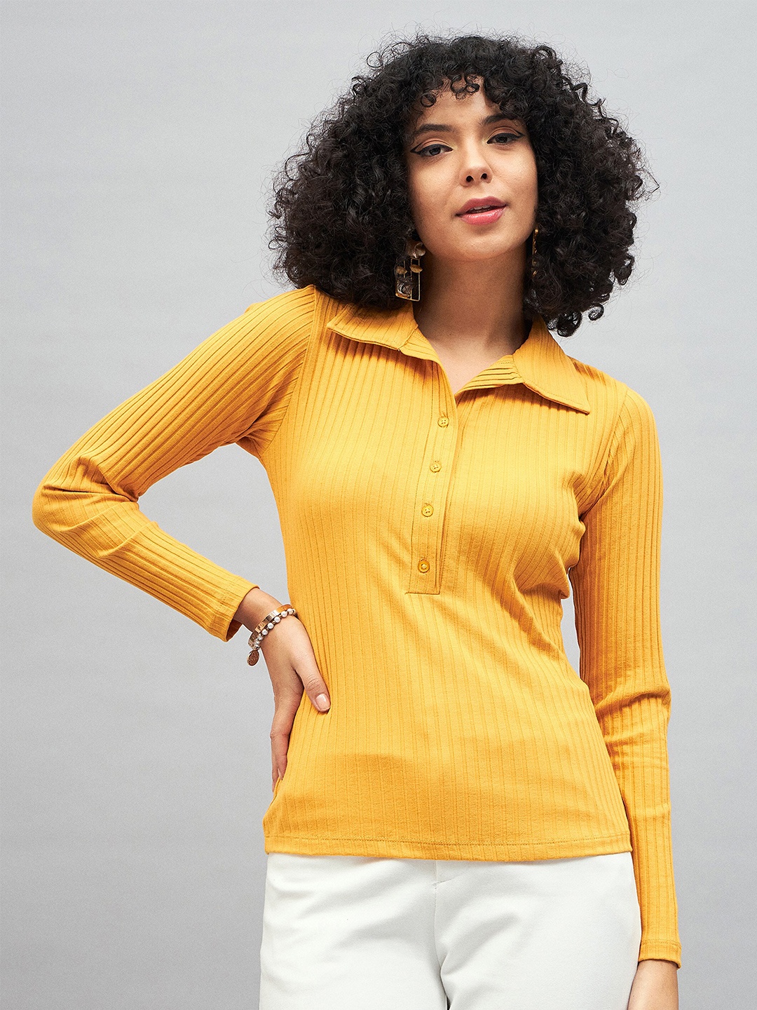

SASSAFRAS Self Design Shirt Style Top, Yellow