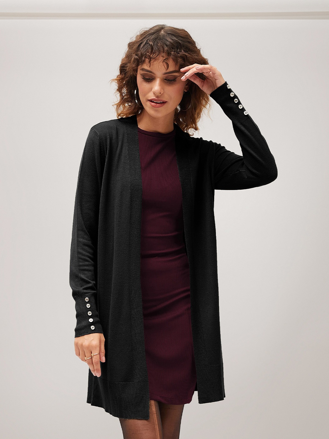 

SASSAFRAS Acrylic Longline Open Front Shrug, Black