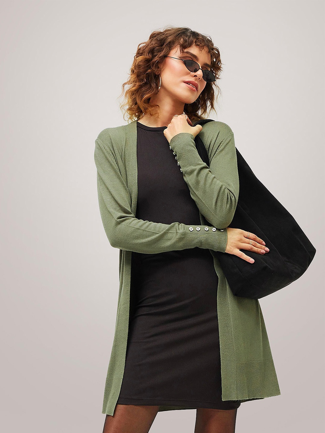 

SASSAFRAS Acrylic Longline Open Front Shrug, Olive