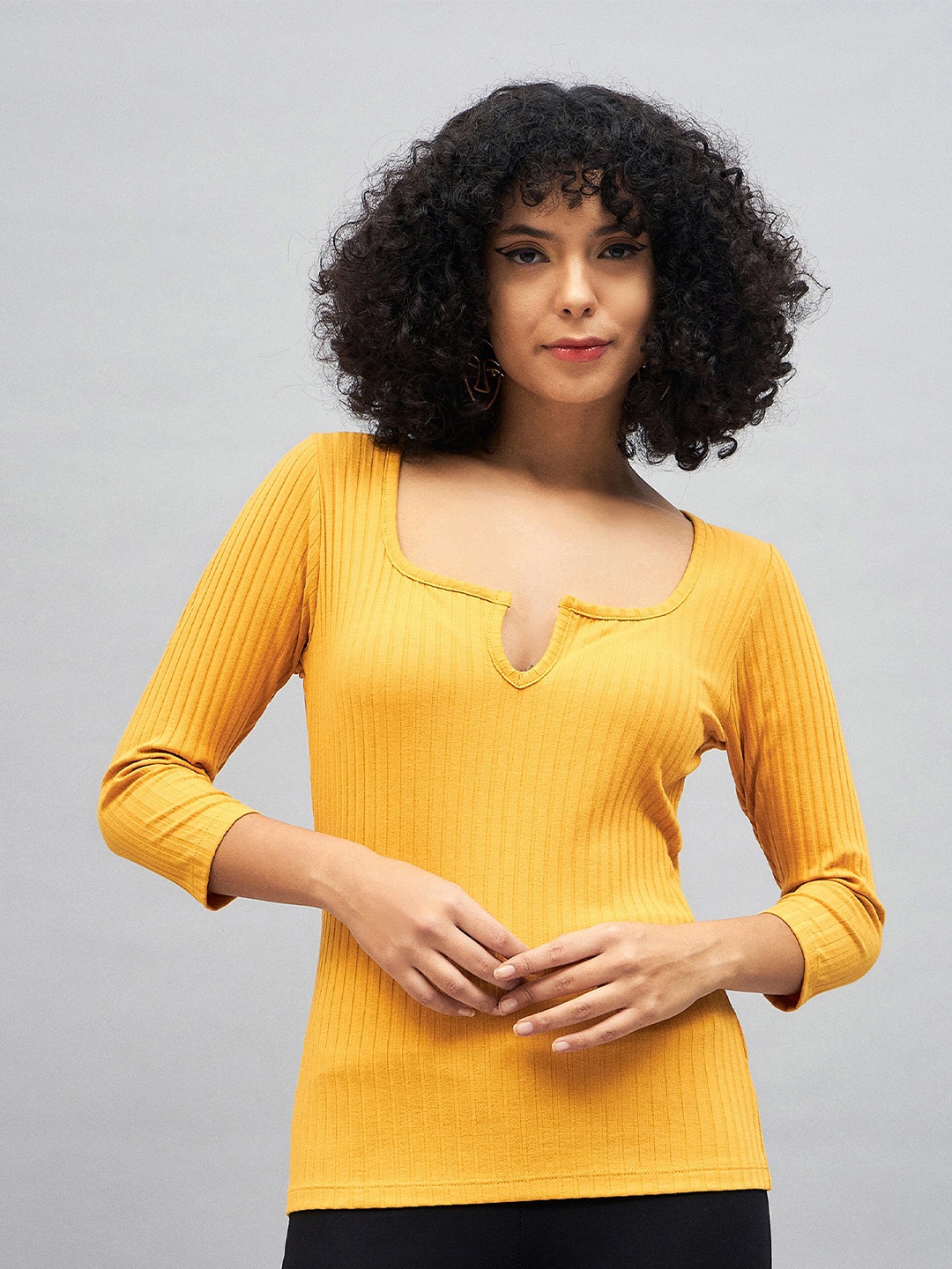 

SASSAFRAS Self Design Notch Neck Top, Yellow