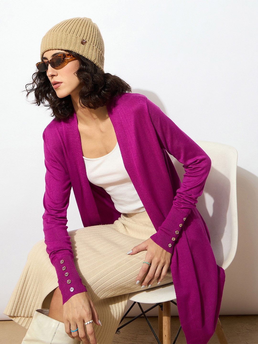 

SASSAFRAS Longline Open-Front Acrylic Shrug, Violet
