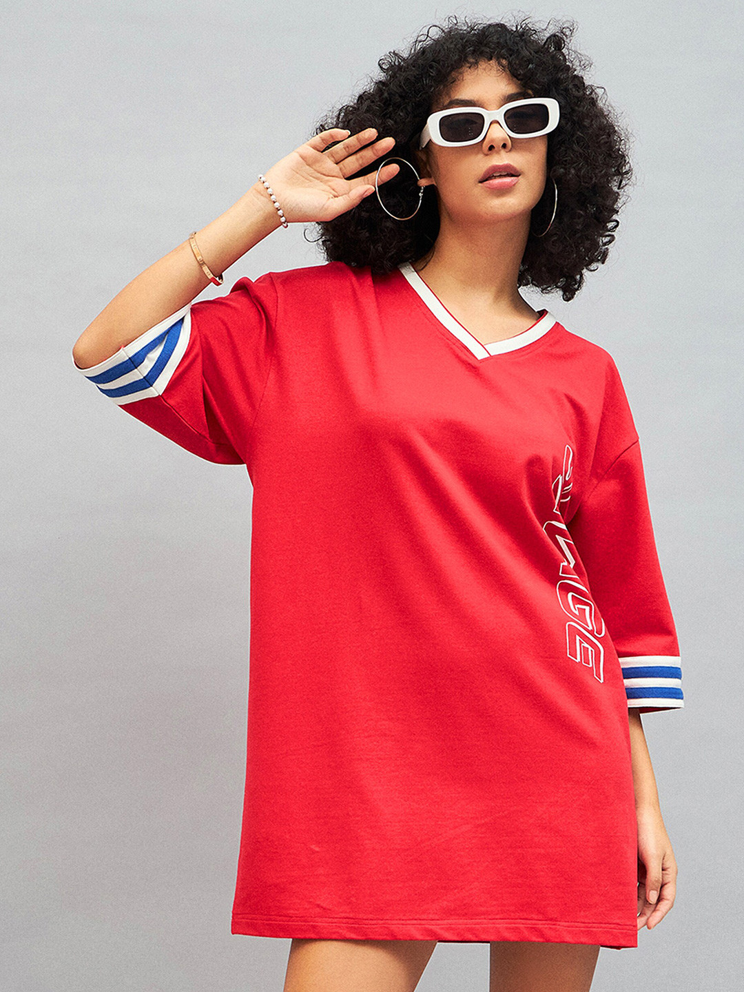 

SASSAFRAS Red Typography Printed Cotton T-shirt Mini Dress