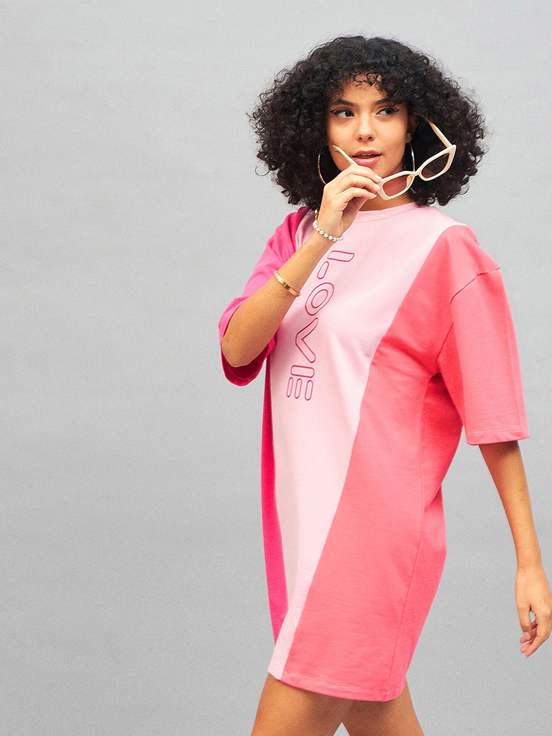 

SASSAFRAS Pink Love Colourblocked Cotton T-shirt Mini Dress