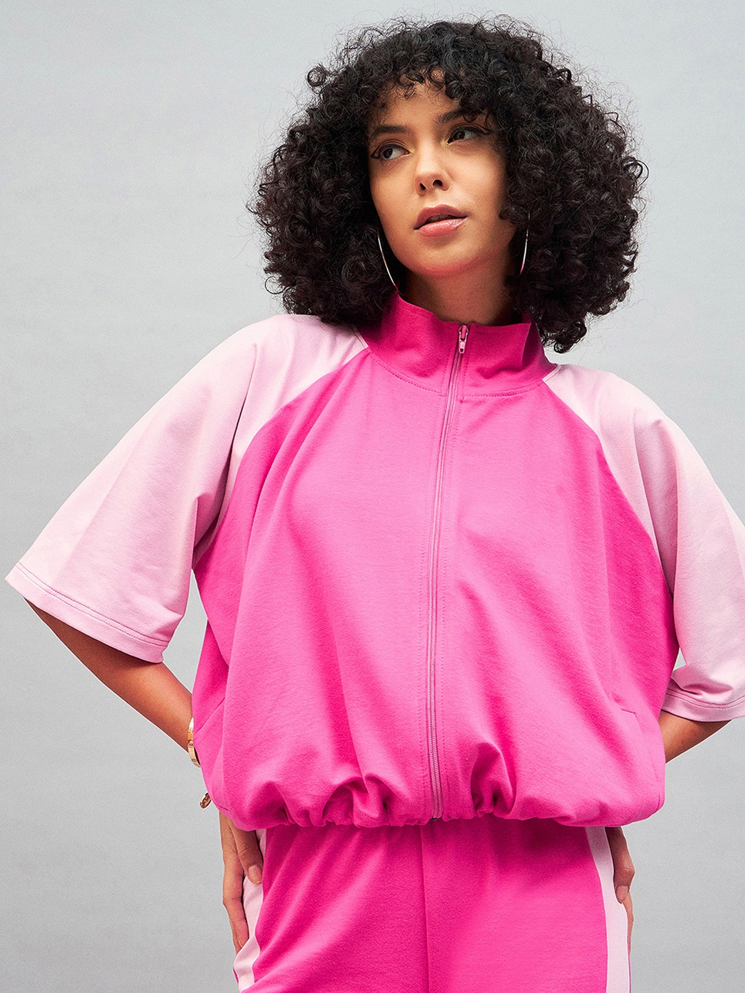 

SASSAFRAS Colourblocked Mock Collar Sporty Jacket, Pink