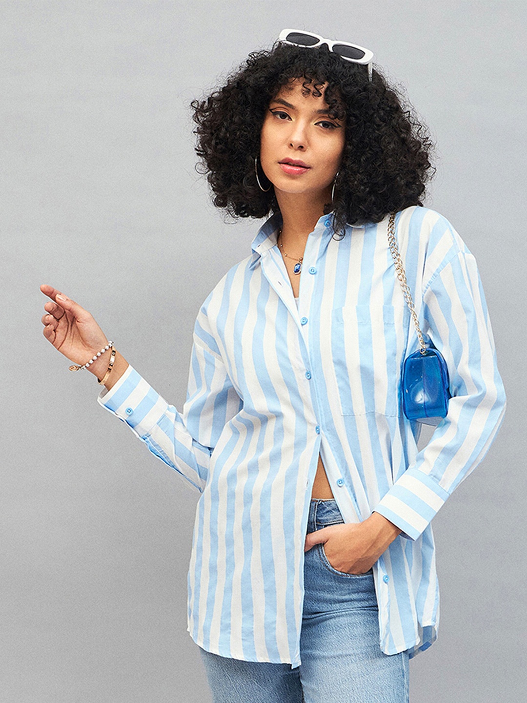 

SASSAFRAS Vertical Striped Oversized Casual Shirt, Blue