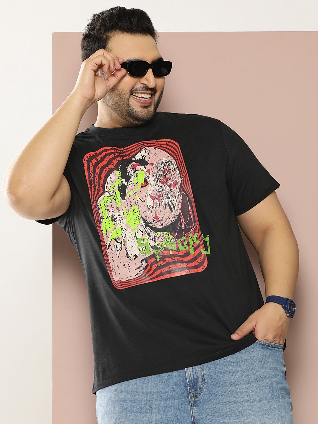 

Sztori Men Plus Size Printed Pure Cotton T-shirt, Black