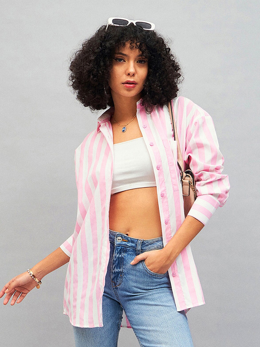 

SASSAFRAS Pink Vertical Striped Opaque Casual Oversized Shirt