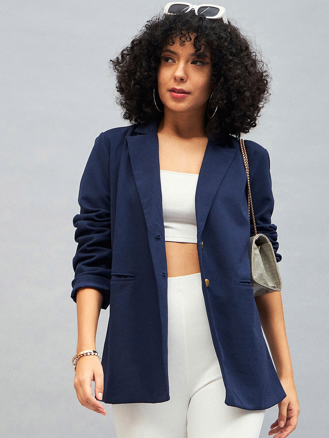 

SASSAFRAS Notched Lapel Single Breasted Casual Blazers, Navy blue