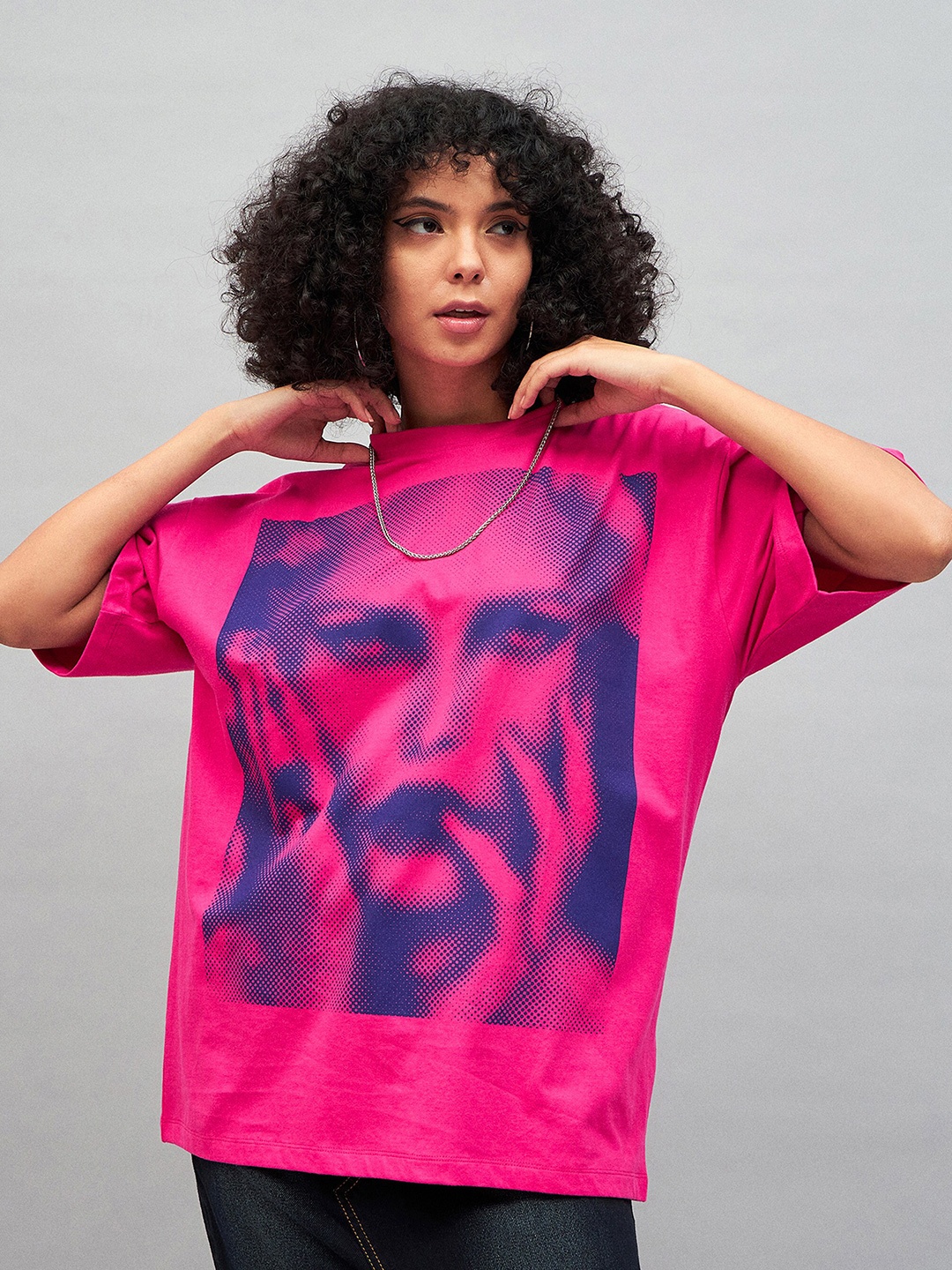 

SASSAFRAS Graphic Printed Drop-Shoulder Oversized Pure Cotton T-shirt, Pink