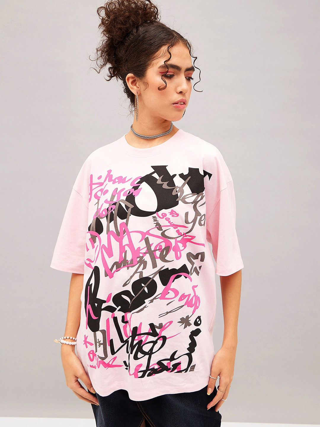 

SASSAFRAS Abstract Printed Pure Cotton Oversized T-shirt, Pink