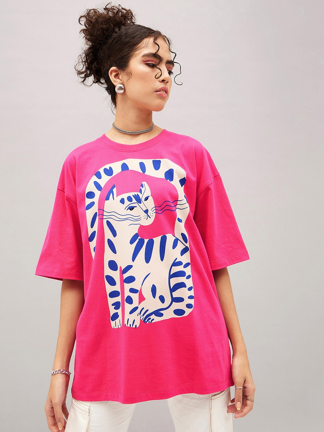 

SASSAFRAS Graphic Printed Pure Cotton Oversized T-shirt, Pink