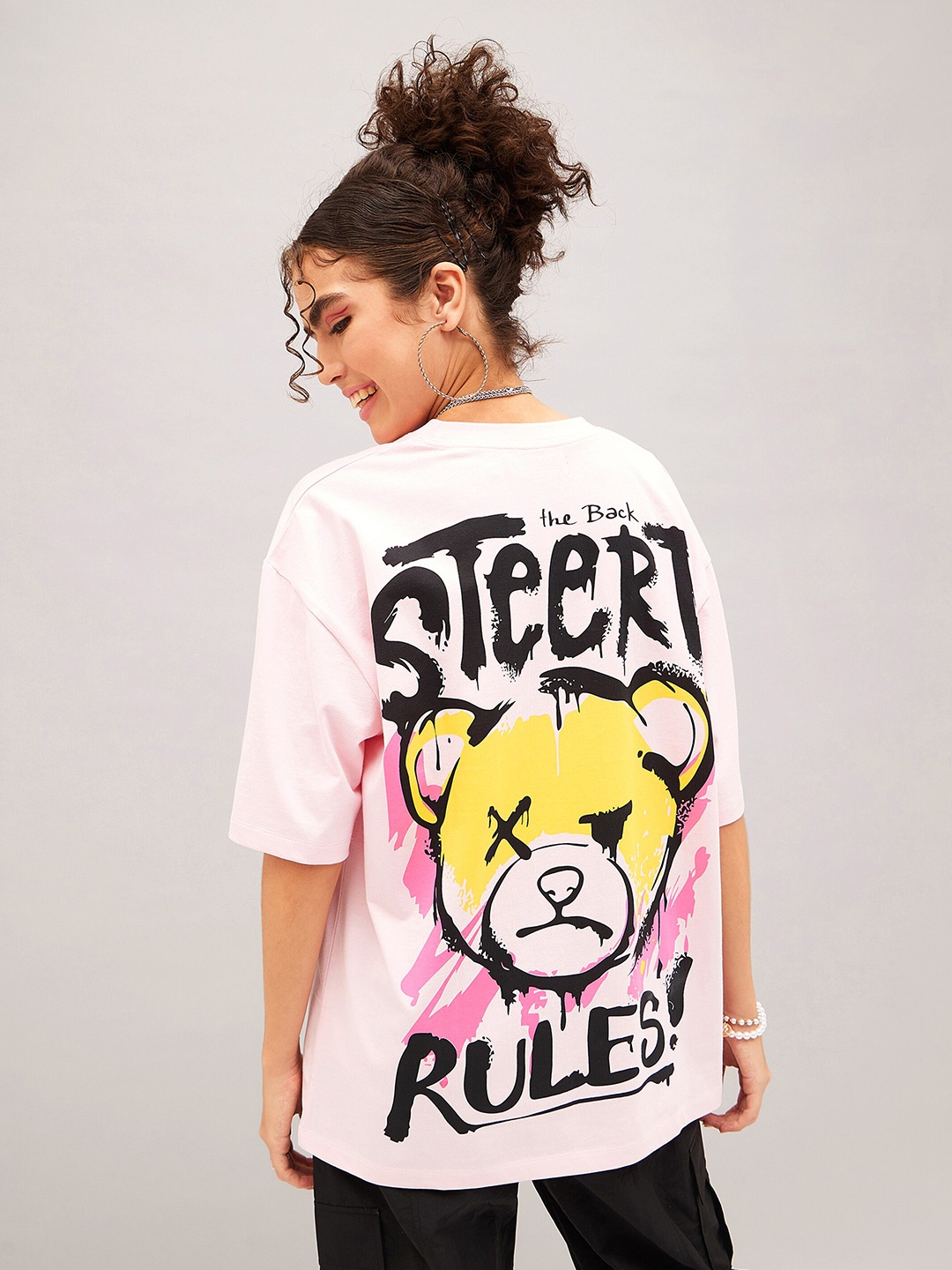 

SASSAFRAS Typography Printed Pure Cotton Oversized T-shirt, Pink