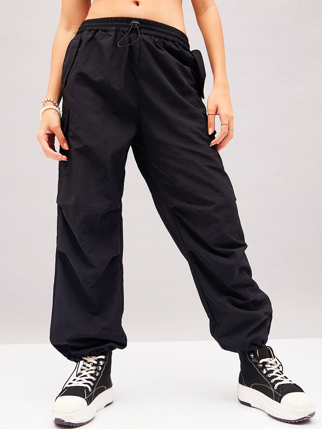 

SASSAFRAS Black Women Straight Fit Travel Features Parachute Cargo Joggers