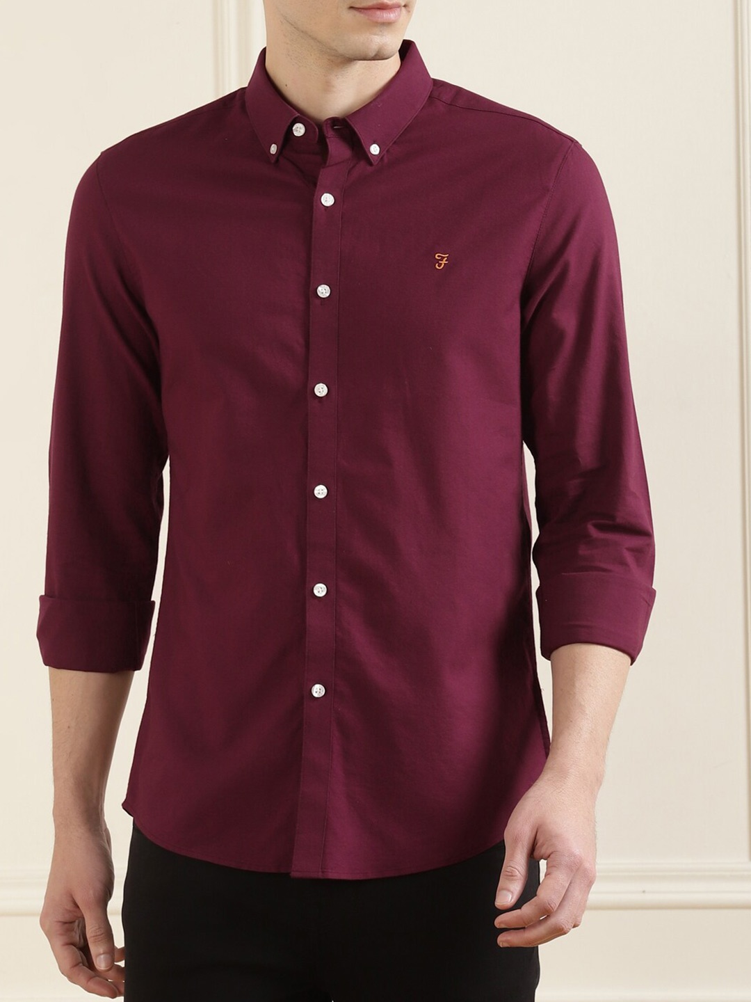 

Farah Slim Fit Button-Down Collar Long Sleeves Pure Cotton Casual Shirt, Maroon