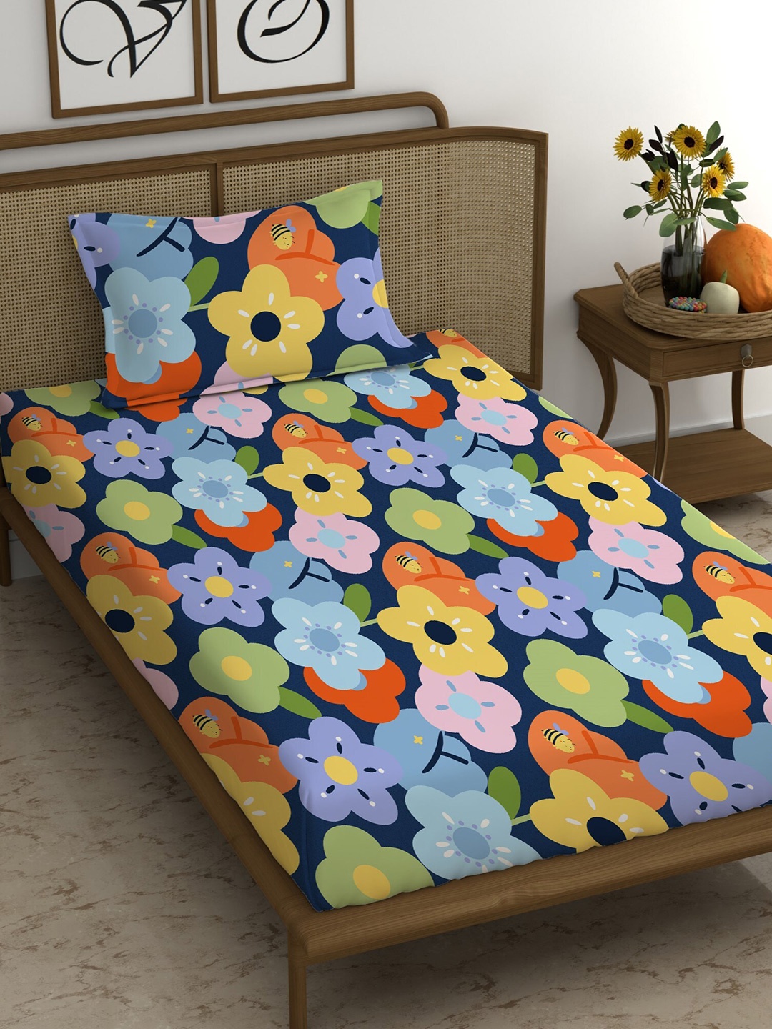 

CHHAVI INDIA Blue & Orange Ethnic Motifs 210 TC Single Bedsheet With 1 Pillow Cover