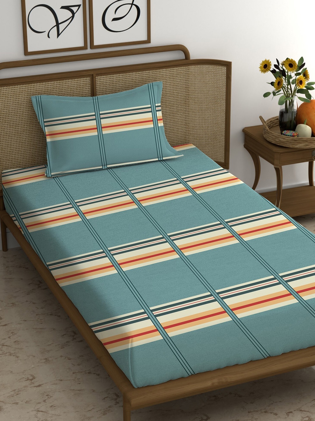 

CHHAVI INDIA Grey & Orange Geometric 210 TC Single Bedsheet With 1 Pillow Cover