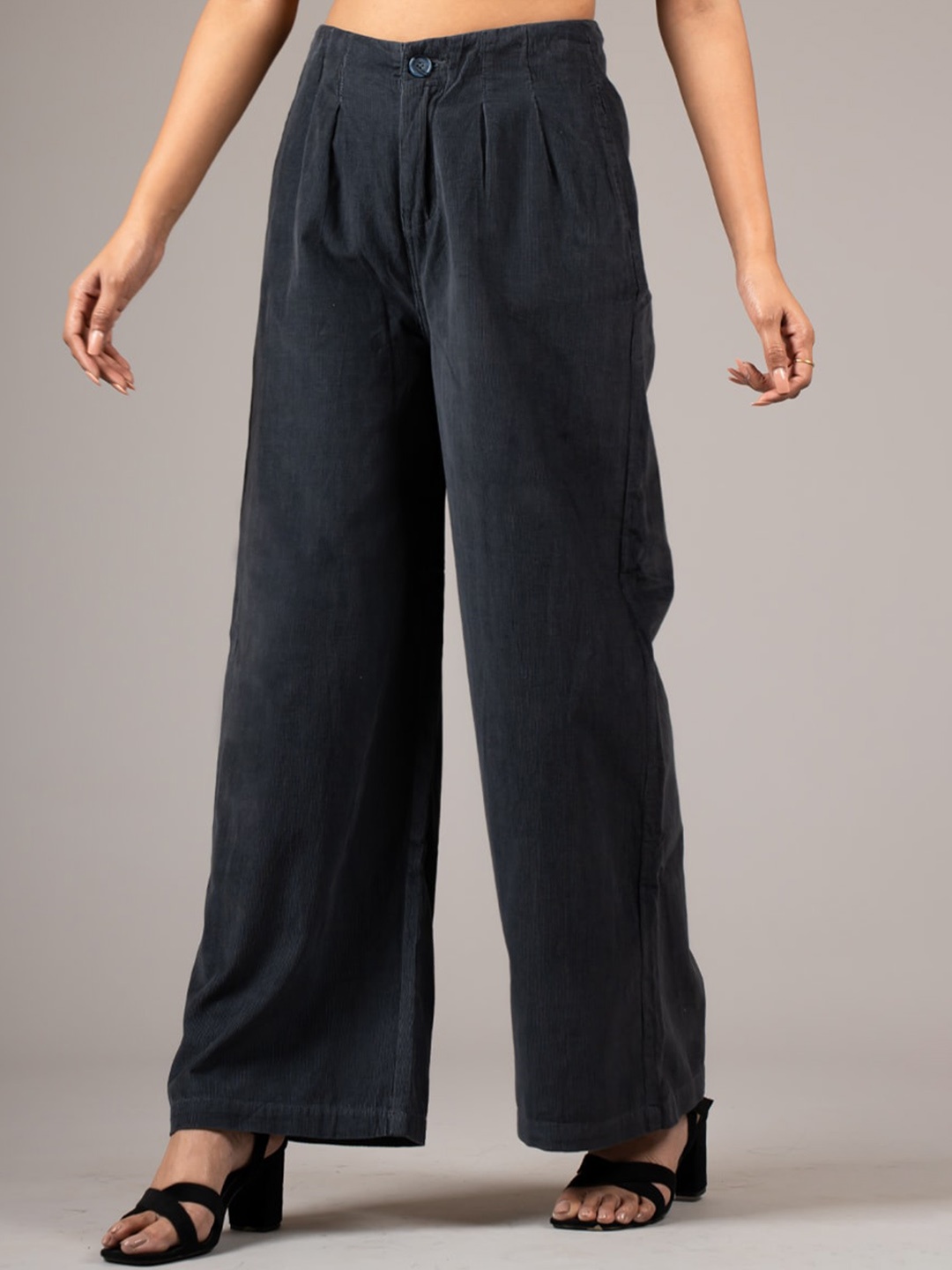 

River Of Design Jeans Women High Rise Corduroy Stretchable Parallel Trousers, Grey
