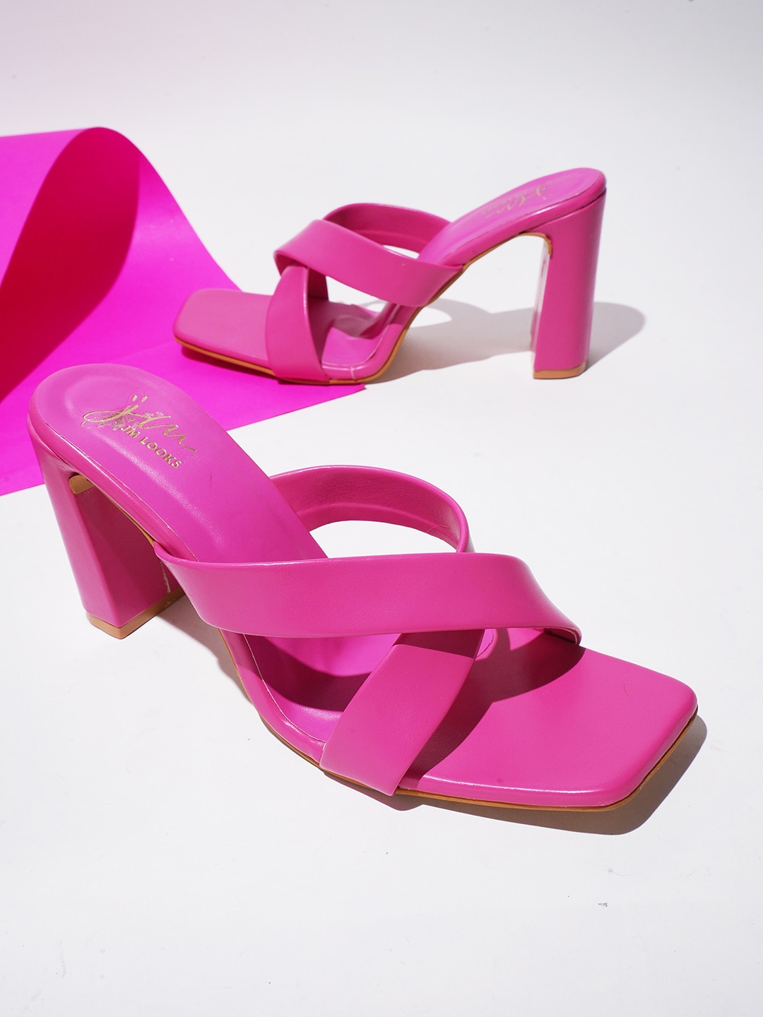 

JM Looks Cross Strap Open Toe Block Heels, Pink