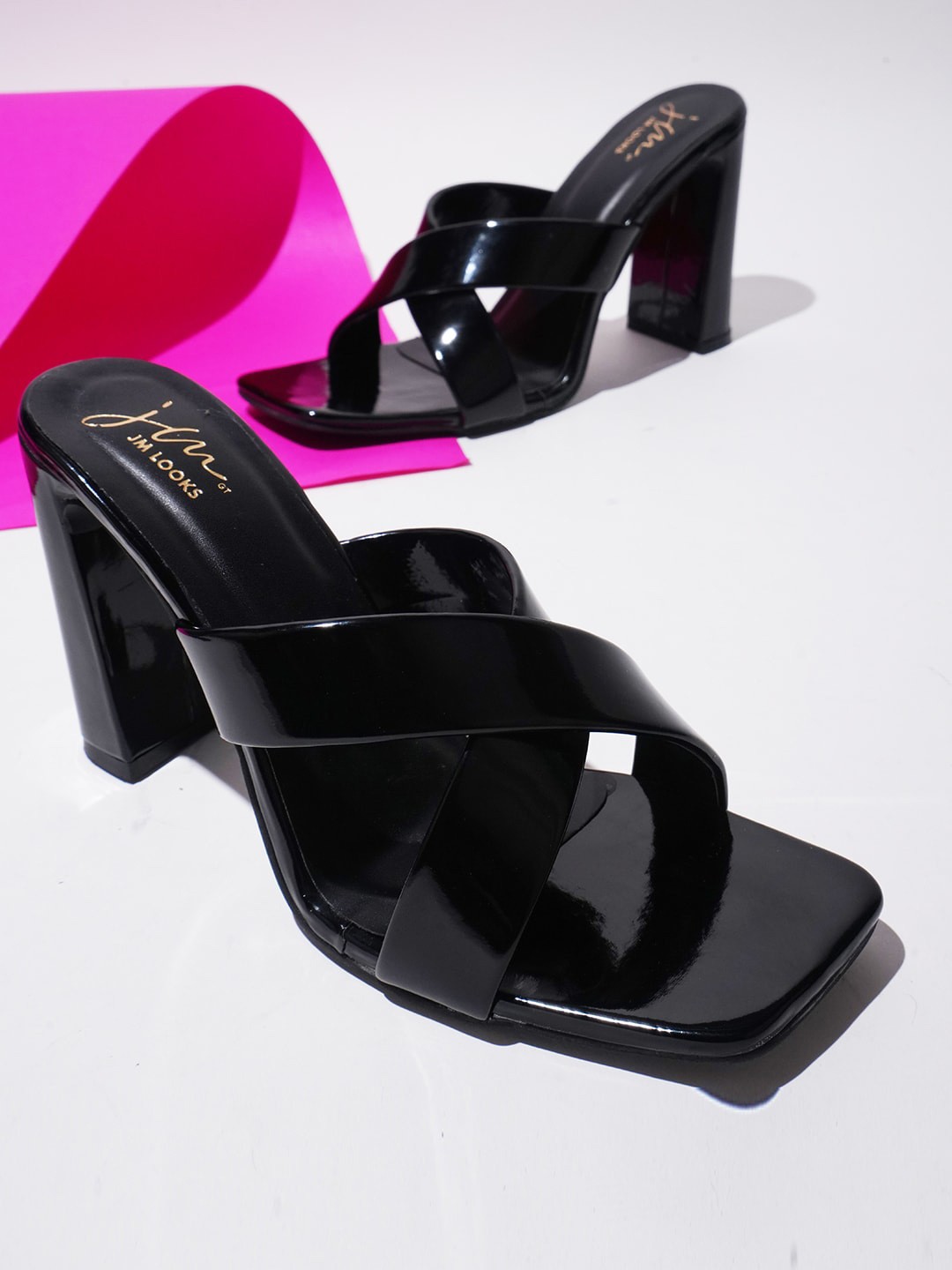 

JM Looks Cross Strap Open Toe Block Heels, Black