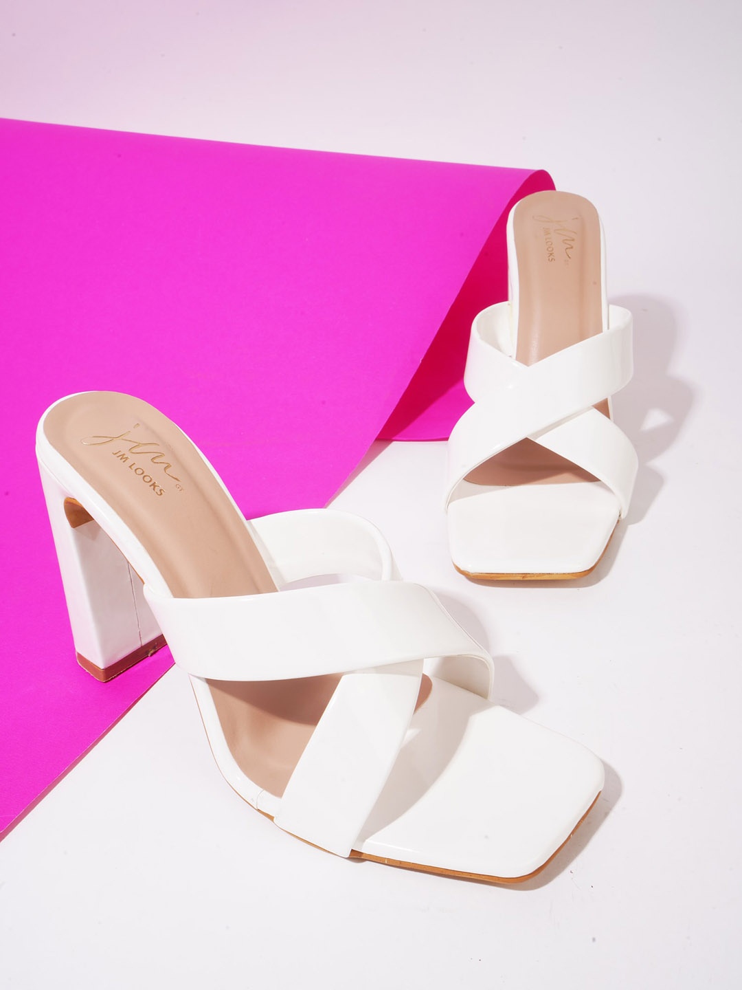 

JM Looks Cross Strap Open Toe Block Heels, White