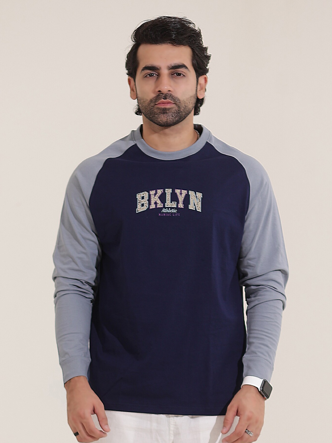 

Maniac Typography Printed Round Neck Cotton Oversized T-shirt, Blue